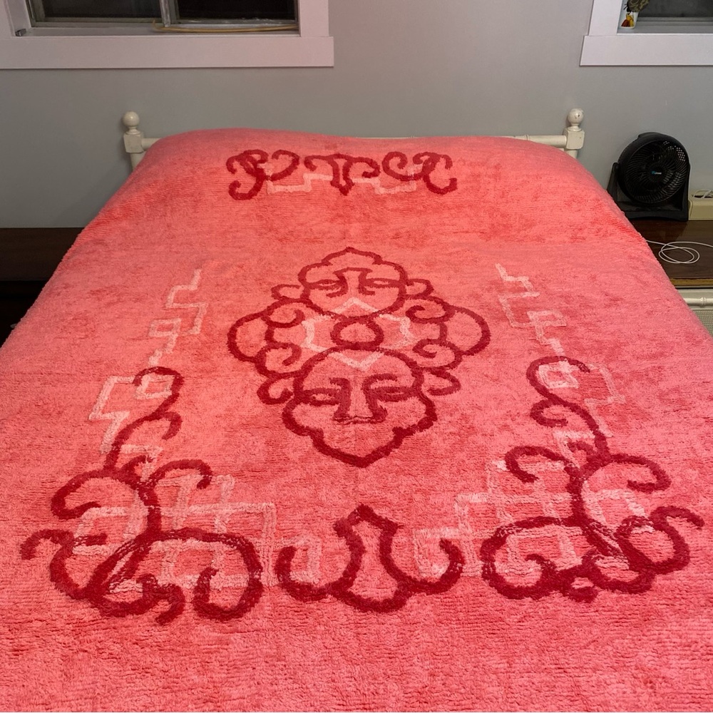 Vintage Chenille quilt coverlet blanket pink dusty rose Buddha face Shanghai - Picture 13 of 16